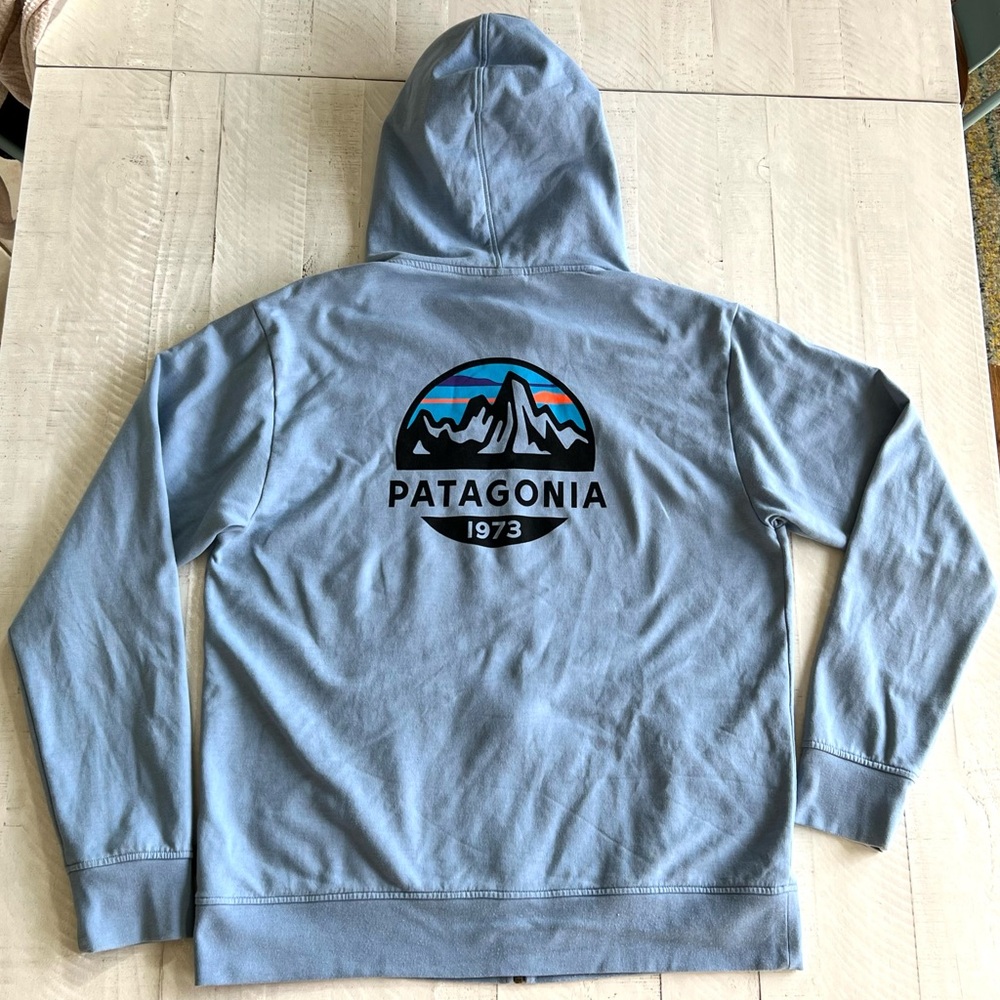 Patagonia Light Blue Hoodie with Mountain Logo